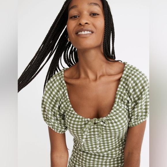 Madewell Jacquard Puff-Sleeve Mini Dress Gingham Check in Faded Palm - Picture 5 of 10